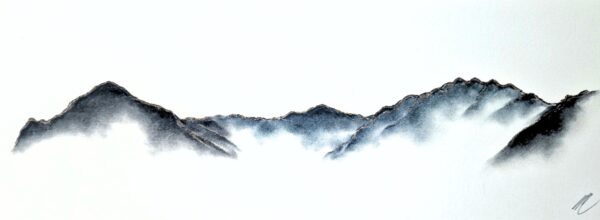 original charcoal art by lake district artist Daniel cooper. Solitude Act 287: Fleetwith Pike & Haystacks from Buttermere - dramatic mountain silhouettes