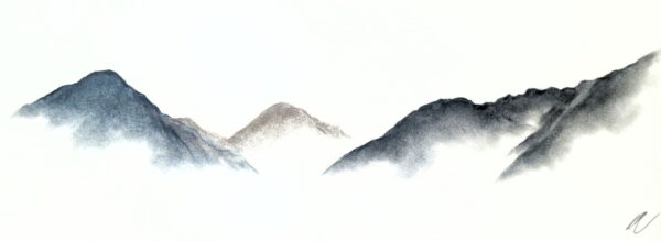 original charcoal art by lake district artist Daniel cooper. Solitude Act 292: Yewbarrow Fell Great Gable & Lingmell from Wastwater- dramatic mountain silhouettes