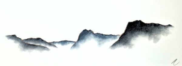 original charcoal art by lake district artist Daniel cooper Solitude Act 286: The Langdales from Windermere - dramatic mountain silhouettes