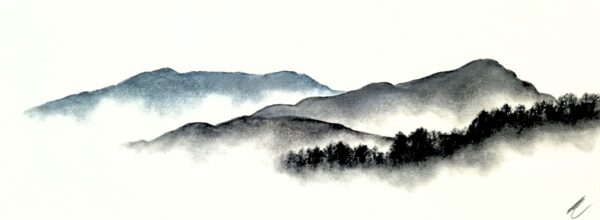original charcoal art by lake district artist Daniel cooper Solitude Act 288: The Old Man of Coniston - dramatic mountain silhouettes