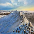 Lake District art original oil painting by Ben Goymour. Striding Edge the popular iconic ridge leading the helvellyn covered in snow in winter