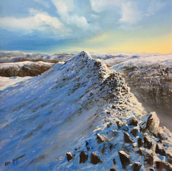 Lake District art original oil painting by Ben Goymour. Striding Edge the popular iconic ridge leading the helvellyn covered in snow in winter