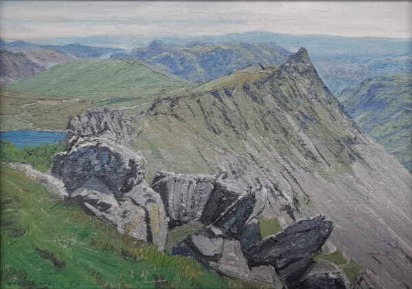lake district art original oil painting by local artist simon whitfield view of striding edge and red tarn from helvellyn
