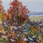 Lake District art original oil painting by Jeff Sudders. Summer Hedgerow featuring lots of daisies and other wildflowers and shrubs with a distant lake and mountains