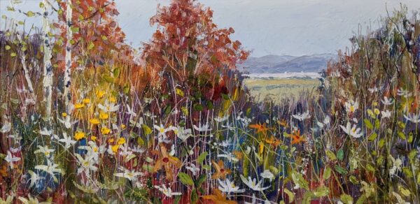 Lake District art original oil painting by Jeff Sudders. Summer Hedgerow featuring lots of daisies and other wildflowers and shrubs with a distant lake and mountains
