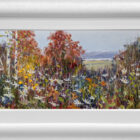 Lake District art original oil painting by Jeff Sudders. Summer Hedgerow featuring lots of daisies and other wildflowers and shrubs with a distant lake and mountains