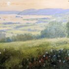 Lake District art original oil painting by Jeff Sudders. Summer at Waterhead featuring green meadows overlooking lake Windermere at sunset.