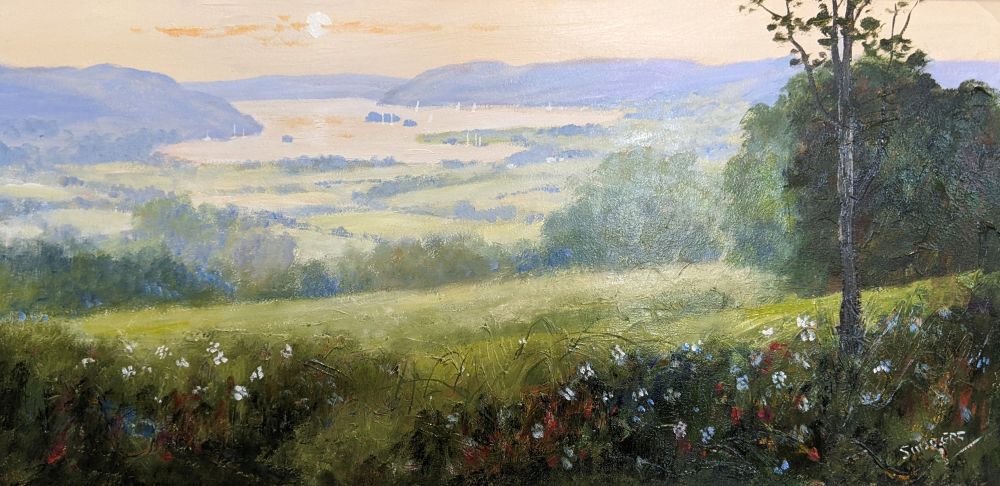 Summer Meadows by Windermere 07-26 by Jeff Sudders 12x24 Image Lake District art original oil painting by Jeff Sudders. Summer at Waterhead featuring green meadows overlooking lake Windermere at sunset.