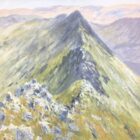 lake district art original oil painting by local artist Jeff Sudders. Summer on the Edge (Striding Edge) the popular and iconic ridge leading the helvellyn on bright green summer tones