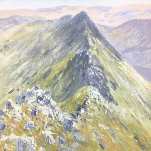 lake district art original oil painting by local artist Jeff Sudders. Summer on the Edge (Striding Edge) the popular and iconic ridge leading the helvellyn on bright green summer tones