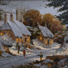 Lake District art original oil painting by Richard Telford of a snowy hamlet with a dog walker. Light glows from cottage windows and smoke from the chimney