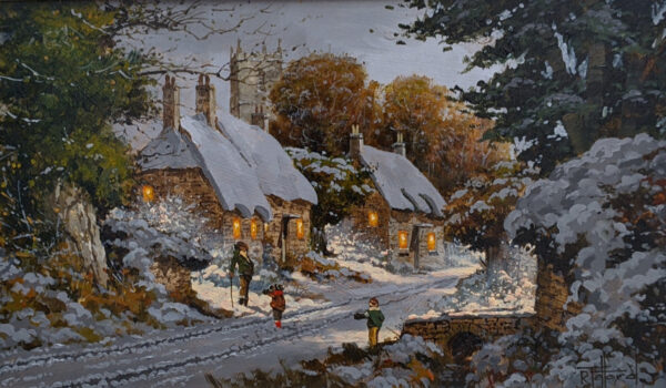 Lake District art original oil painting by Richard Telford of a snowy hamlet with a dog walker. Light glows from cottage windows and smoke from the chimney