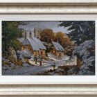 Lake District art original oil painting by Richard Telford of a snowy hamlet with a dog walker. Light glows from cottage windows and smoke from the chimney
