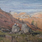 lake district art original oil painting by local artist simon whitfield two hikers descent to grasmere autumnal colours from loughrigg fell
