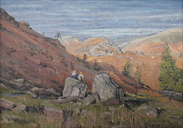 lake district art original oil painting by local artist simon whitfield two hikers descent to grasmere autumnal colours from loughrigg fell