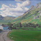 lake district art original oil painting by local artist simon whitfield view of langdale pikes and micklden from the valley with quaint stone cottage