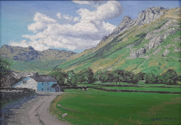lake district art original oil painting by local artist simon whitfield view of langdale pikes and micklden from the valley with quaint stone cottage