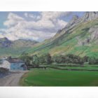 lake district art original oil painting by local artist simon whitfield view of langdale pikes and micklden from the valley with quaint stone cottage