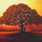 lake district art original oil painting by artist david renshaw adventures of ted and doris northern romance under tree fiery orange sunset