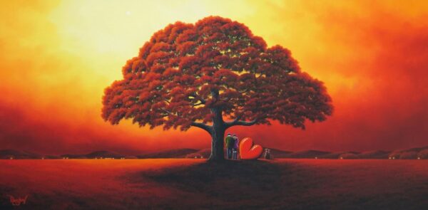 lake district art original oil painting by artist david renshaw adventures of ted and doris northern romance under tree fiery orange sunset