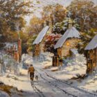 Lake District art original oil painting by Richard Telford of a snowy hamlet with a dog walker. Light glows from cottage windows and smoke from the chimney
