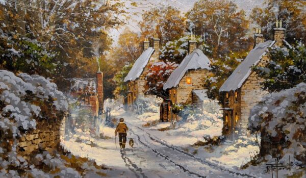 Lake District art original oil painting by Richard Telford of a snowy hamlet with a dog walker. Light glows from cottage windows and smoke from the chimney