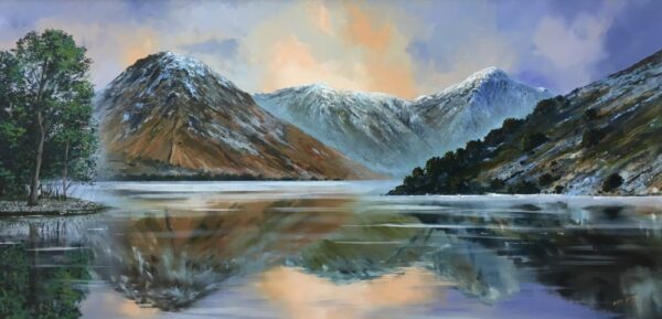 Lake District art original oil painting by Ben Goymour. Wastwater a view from wasdale head to great gable lingmell and scafell with water reflections