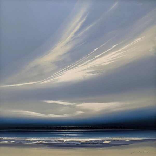 lake district art abstract landscape by artist jonathan shaw wedgewood skies coastal sea sky scape in pale blue and off-white clouds reminiscent of the ceramics