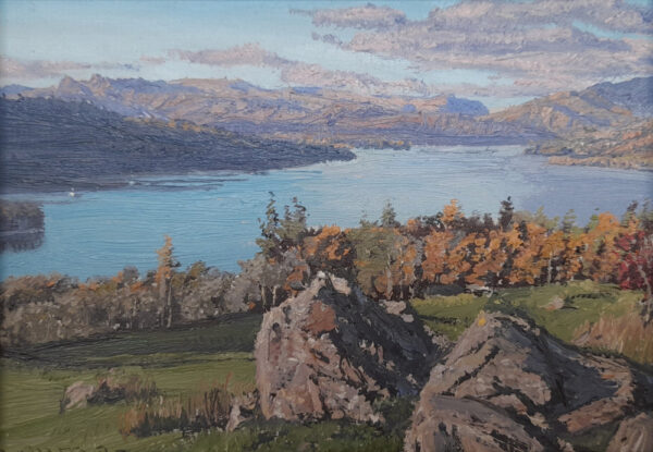 lake district art original oil painting by local artist simon whitfield view over windermere from brantfell