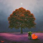 Lake District art original oil painting by David Renshaw. A Deeper Love featuring Ted and Doris on their Northern Romance standing in a purple field with a grand old tree