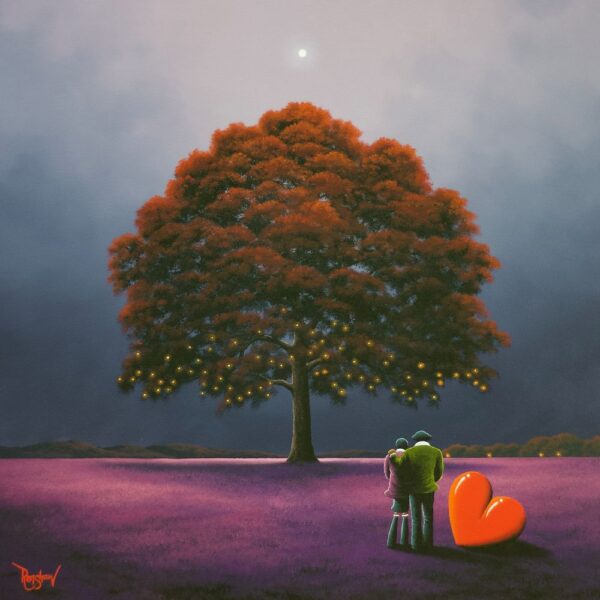 Lake District art original oil painting by David Renshaw. A Deeper Love featuring Ted and Doris on their Northern Romance standing in a purple field with a grand old tree