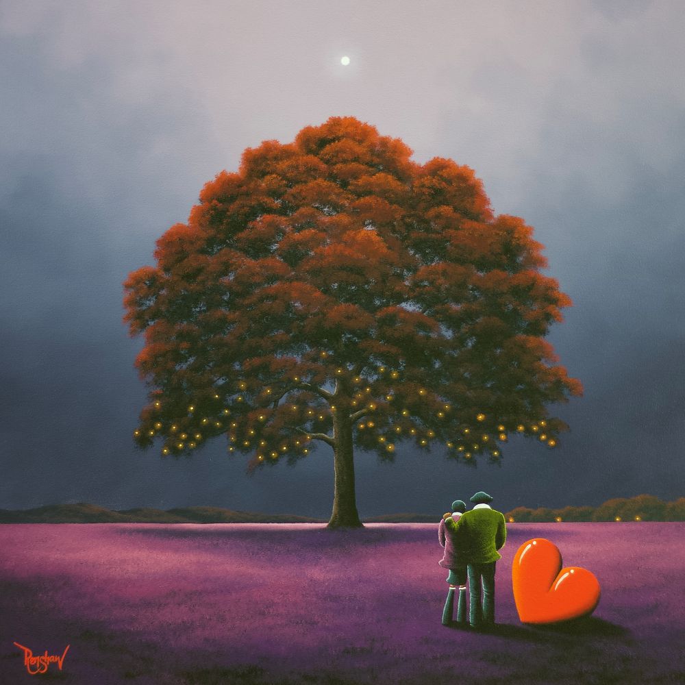 A Deeper Love by David Renshaw (1) Lake District art original oil painting by David Renshaw. A Deeper Love featuring Ted and Doris on their Northern Romance standing in a purple field with a grand old tree