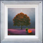 Lake District art original oil painting by David Renshaw. A Deeper Love featuring Ted and Doris on their Northern Romance standing in a purple field with a grand old tree