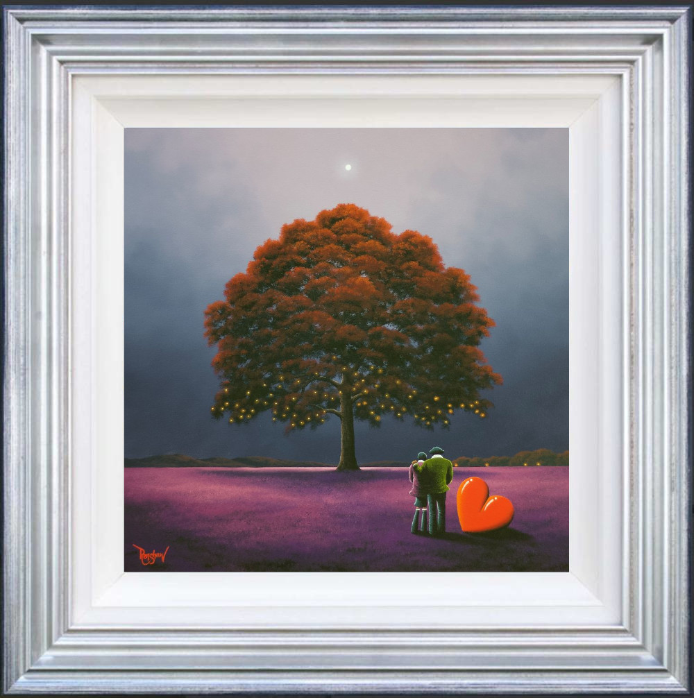 Lake District art original oil painting by David Renshaw. A Deeper Love featuring Ted and Doris on their Northern Romance standing in a purple field with a grand old tree