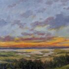 Lake District art original oil painting A Lakeland Sunset by Jeff Sudders. Featuring a hillside view of a sunset over the lake with green fields and distant mountains
