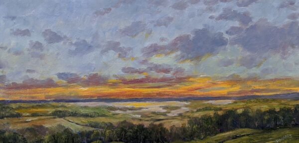 Lake District art original oil painting A Lakeland Sunset by Jeff Sudders. Featuring a hillside view of a sunset over the lake with green fields and distant mountains