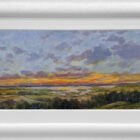 Lake District art original oil painting A Lakeland Sunset by Jeff Sudders. Featuring a hillside view of a sunset over the lake with green fields and distant mountains