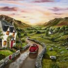 Lake District art original acrylic painting by Caroline Deighton. A Sheepish Audience featuring a charming home in a valley - a couple driving a vintage red card and herdwick sheep in fields