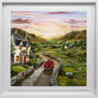 Lake District art original acrylic painting by Caroline Deighton. A Sheepish Audience featuring a charming home in a valley - a couple driving a vintage red card and herdwick sheep in fields