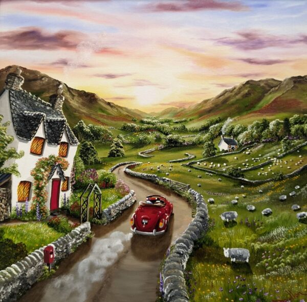 Lake District art original acrylic painting by Caroline Deighton. A Sheepish Audience featuring a charming home in a valley - a couple driving a vintage red card and herdwick sheep in fields