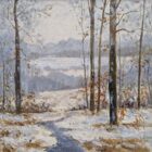 lake district art original oil painting by local artist jeff sudders. A Winter Afternoon Near Windermere. A snowy woodland stream with the distant lake and langdale pikes