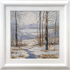 lake district art original oil painting by local artist jeff sudders. A Winter Afternoon Near Windermere. A snowy woodland stream with the distant lake and langdale pikes