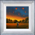 Lake District art original oil painting by David Renshaw. A Wish Come True featuring ted and doris embracing under a sunset sky full of lit lanterns in the shape of love hearts