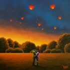 Lake District art original oil painting by David Renshaw. A Wish Come True featuring ted and doris embracing under a sunset sky full of lit lanterns in the shape of love hearts