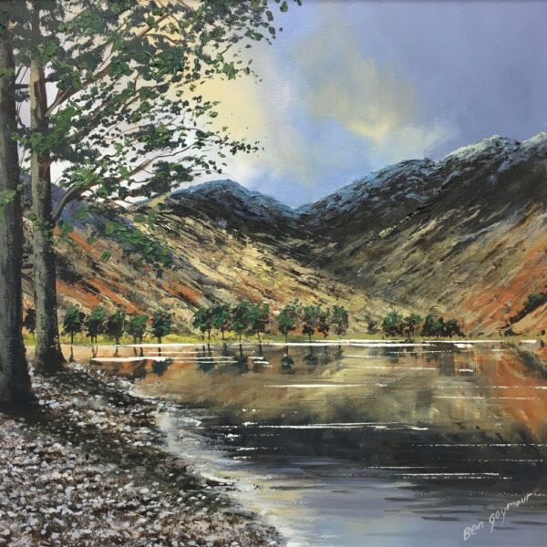 Lake District art original oil painting by Ben Goymour. Buttermere on a sunny day looking over the lake towards haystacks