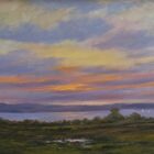Lake District art original oil painting by Jeff Sudders. End of Day Near Windermere a beautiful pink purple and peach sunset over fields the lake and distant mountains