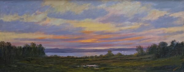 Lake District art original oil painting by Jeff Sudders. End of Day Near Windermere a beautiful pink purple and peach sunset over fields the lake and distant mountains