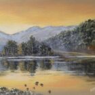 Lake District art original oil painting by Ben Goymour. Ennerdale during sunirse /sunset / golden hour with orange yellow skies reflected in the lake with distant mountains and trees