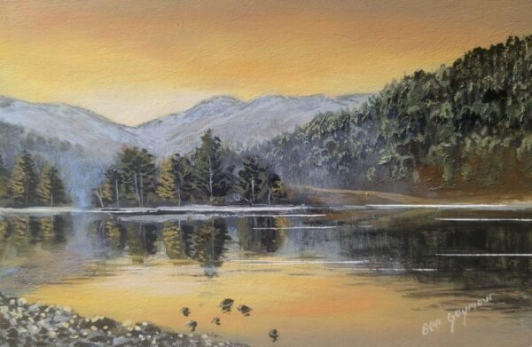 Lake District art original oil painting by Ben Goymour. Ennerdale during sunirse /sunset / golden hour with orange yellow skies reflected in the lake with distant mountains and trees