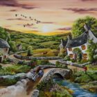 Lake District art original acrylic painting by Caroline Deighton. Golden Goosey Ganders featuring a sunset village with geese flying and a couple in a motorbike and sidecar